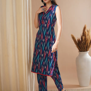 Ethnic Ikat Printed Straight Fit Co-ord Set - Blue