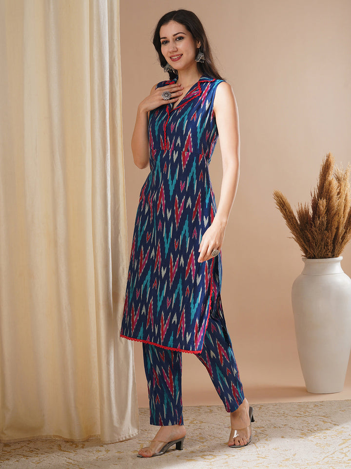 Ethnic Ikat Printed Straight Fit Co-ord Set - Blue