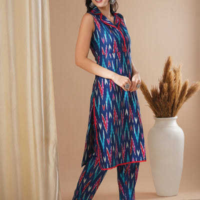 Ethnic Ikat Printed Straight Fit Co-ord Set - Blue