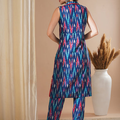 Ethnic Ikat Printed Straight Fit Co-ord Set - Blue