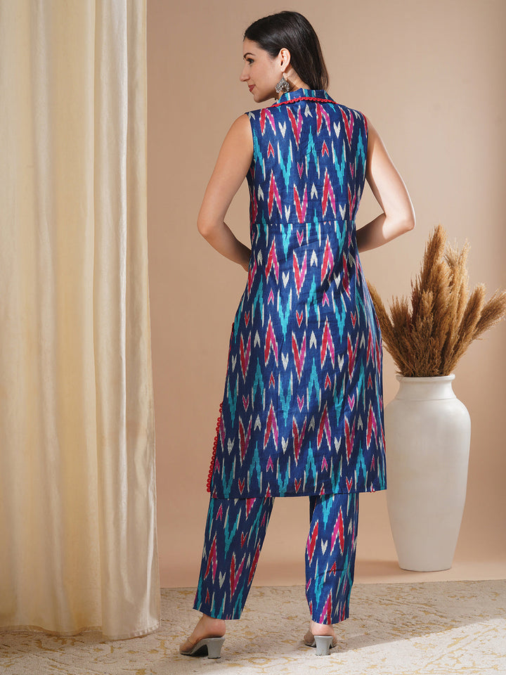 Ethnic Ikat Printed Straight Fit Co-ord Set - Blue