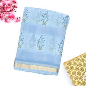 Light Blue Handwoven Banarasi Georgette Silk Saree Printed With Floral Motifs