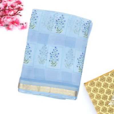 Light Blue Handwoven Banarasi Georgette Silk Saree Printed With Floral Motifs