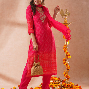 Bandhani Printed & Embroidered Straight Fit Kurta with Pant & Dupatta - Pink