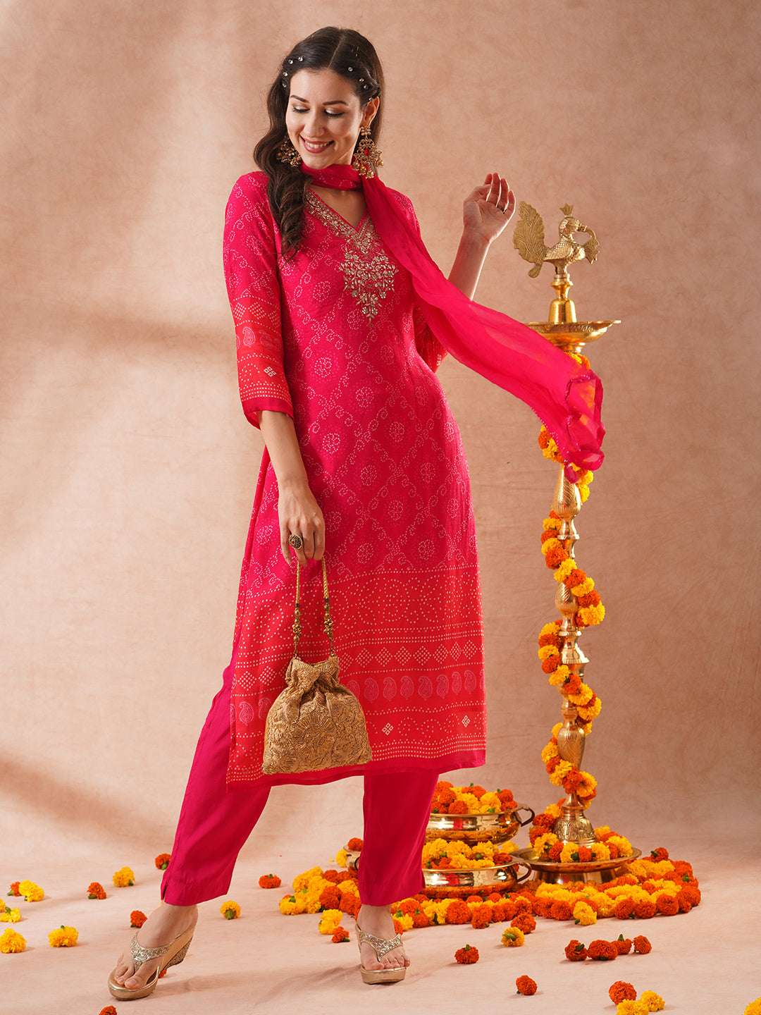 Bandhani Printed & Embroidered Straight Fit Kurta with Pant & Dupatta - Pink