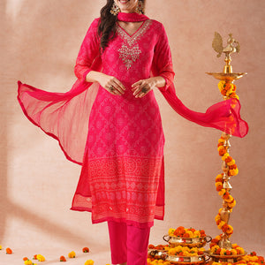 Bandhani Printed & Embroidered Straight Fit Kurta with Pant & Dupatta - Pink