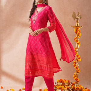 Bandhani Printed & Embroidered Straight Fit Kurta with Pant & Dupatta - Pink
