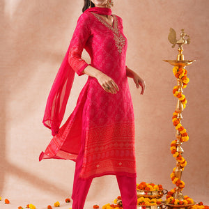 Bandhani Printed & Embroidered Straight Fit Kurta with Pant & Dupatta - Pink