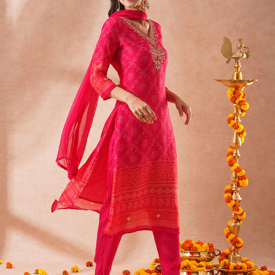Bandhani Printed & Embroidered Straight Fit Kurta with Pant & Dupatta - Pink