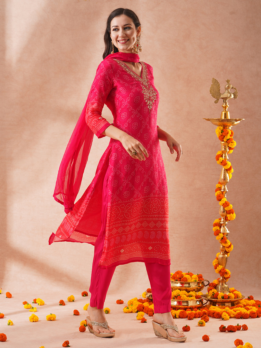 Bandhani Printed & Embroidered Straight Fit Kurta with Pant & Dupatta - Pink