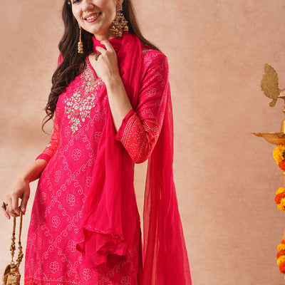 Bandhani Printed & Embroidered Straight Fit Kurta with Pant & Dupatta - Pink