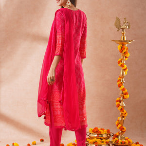 Bandhani Printed & Embroidered Straight Fit Kurta with Pant & Dupatta - Pink