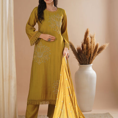 Floral Embroidered A-Line Kurta with Pant and Dupatta - Mustard