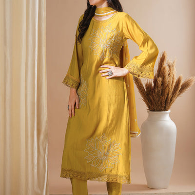 Floral Embroidered A-Line Kurta with Pant and Dupatta - Mustard
