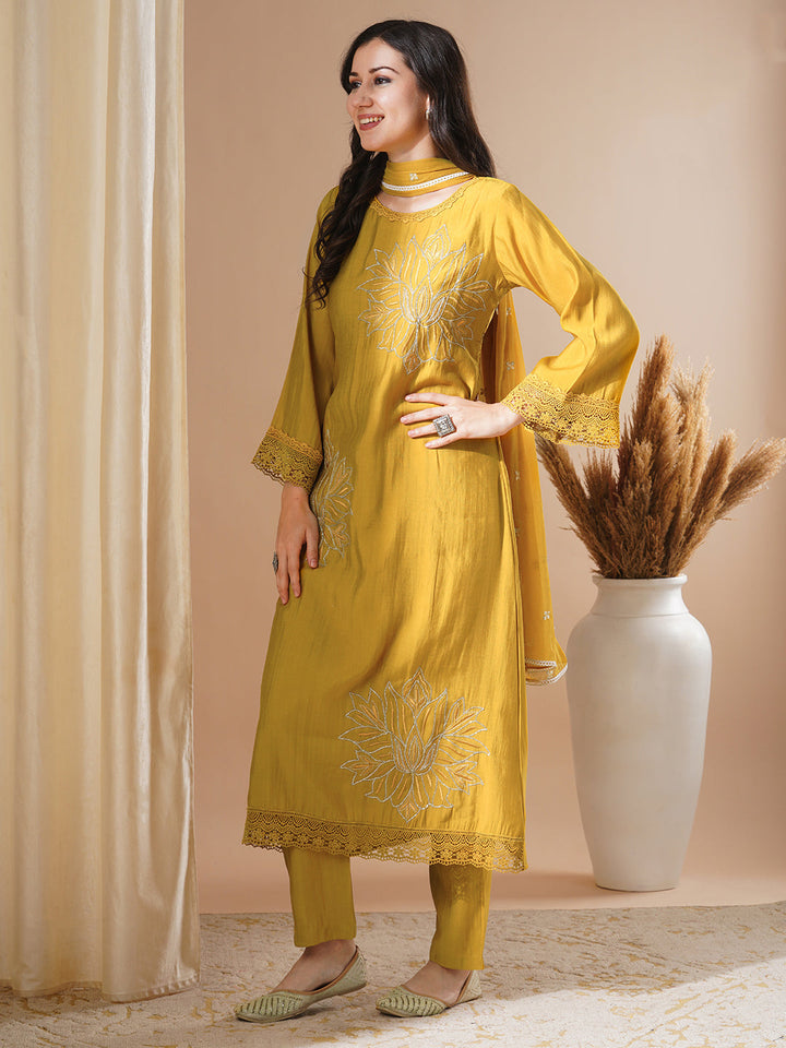 Floral Embroidered A-Line Kurta with Pant and Dupatta - Mustard