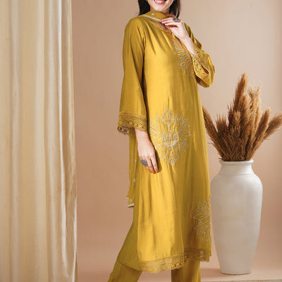 Floral Embroidered A-Line Kurta with Pant and Dupatta - Mustard