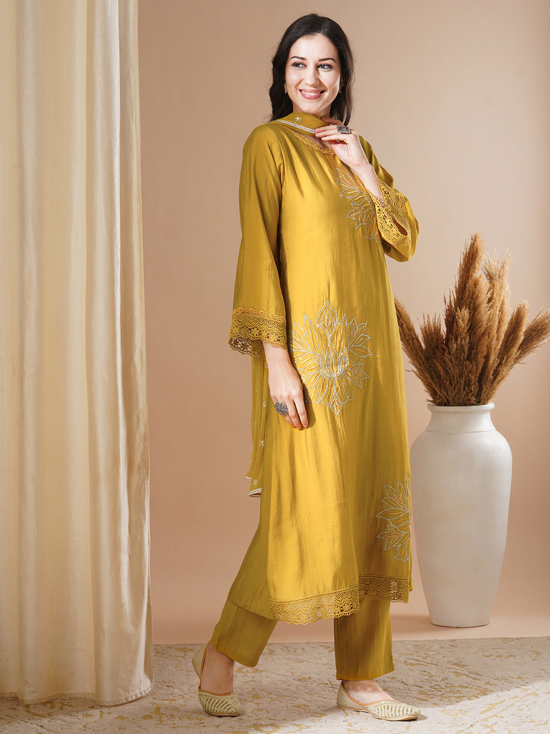 Floral Embroidered A-Line Kurta with Pant and Dupatta - Mustard