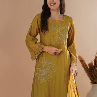 Floral Embroidered A-Line Kurta with Pant and Dupatta - Mustard