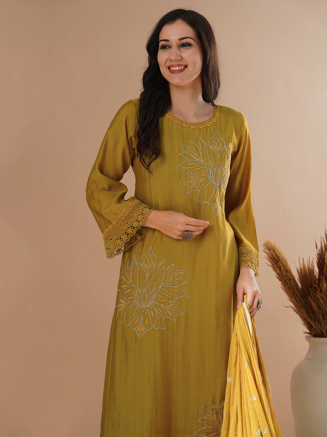 Floral Embroidered A-Line Kurta with Pant and Dupatta - Mustard