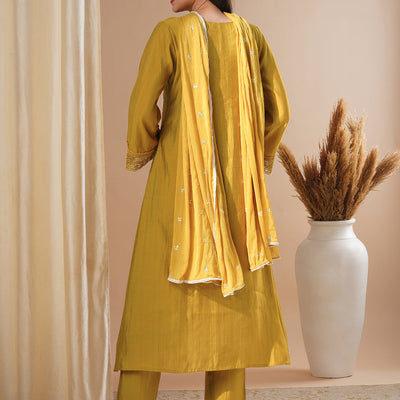 Floral Embroidered A-Line Kurta with Pant and Dupatta - Mustard
