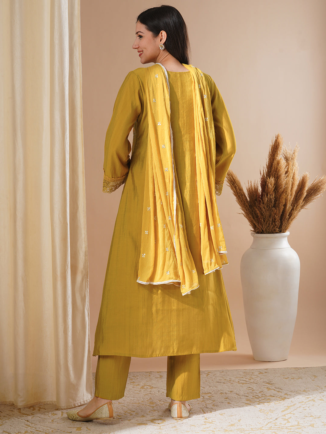 Floral Embroidered A-Line Kurta with Pant and Dupatta - Mustard