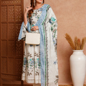 Floral Khari Printed & Embroidered Anarkali Kurta with Pant & Dupatta - White