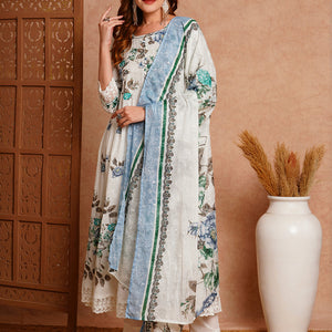Floral Khari Printed & Embroidered Anarkali Kurta with Pant & Dupatta - White
