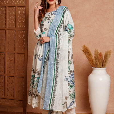 Floral Khari Printed & Embroidered Anarkali Kurta with Pant & Dupatta - White