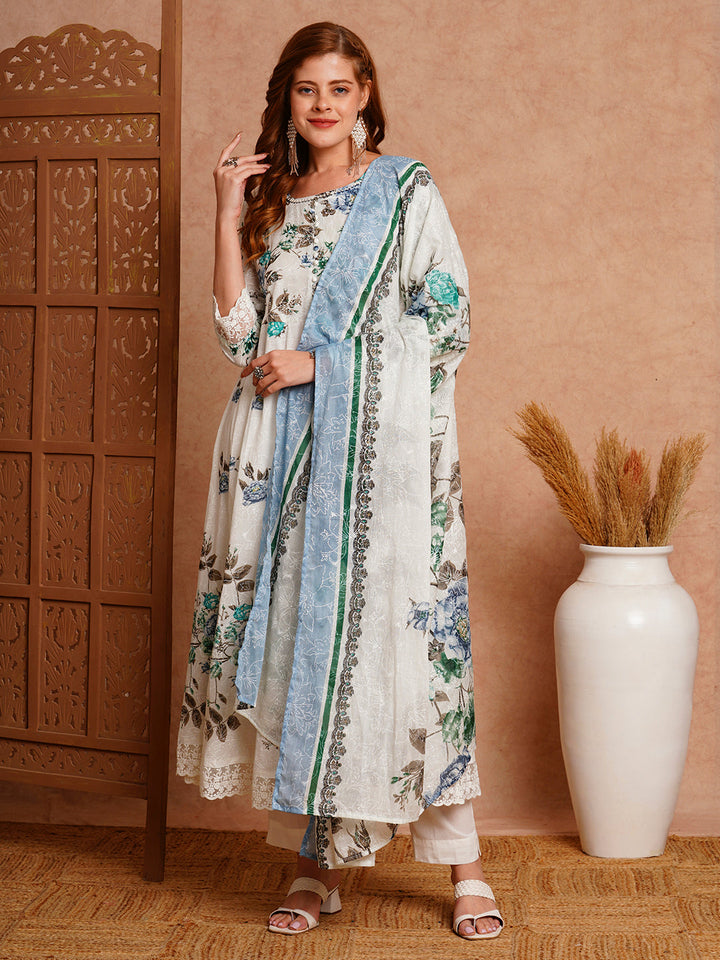 Floral Khari Printed & Embroidered Anarkali Kurta with Pant & Dupatta - White