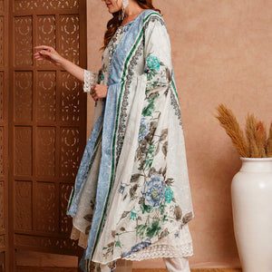 Floral Khari Printed & Embroidered Anarkali Kurta with Pant & Dupatta - White