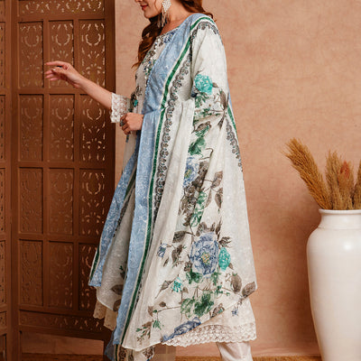 Floral Khari Printed & Embroidered Anarkali Kurta with Pant & Dupatta - White