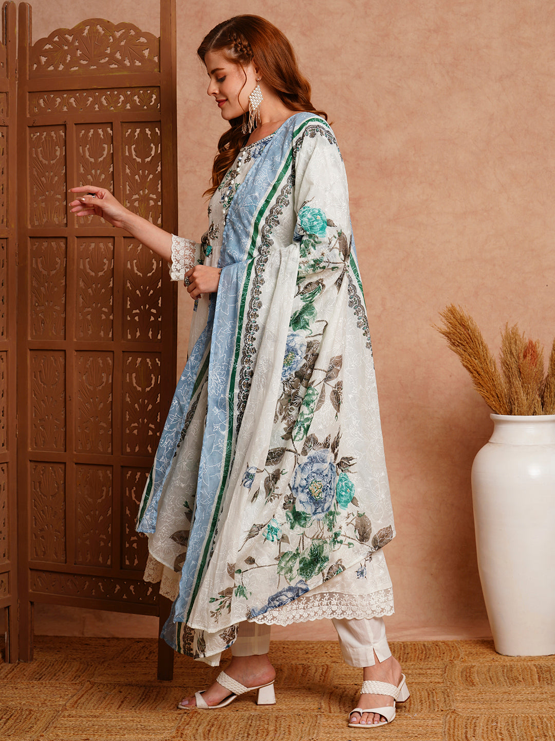 Floral Khari Printed & Embroidered Anarkali Kurta with Pant & Dupatta - White