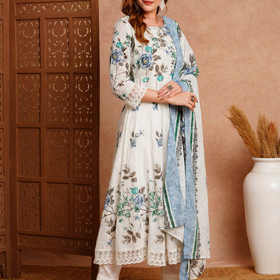 Floral Khari Printed & Embroidered Anarkali Kurta with Pant & Dupatta - White