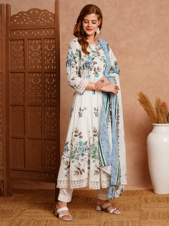 Floral Khari Printed & Embroidered Anarkali Kurta with Pant & Dupatta - White