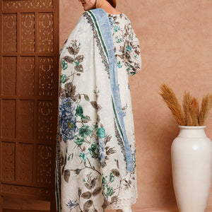 Floral Khari Printed & Embroidered Anarkali Kurta with Pant & Dupatta - White