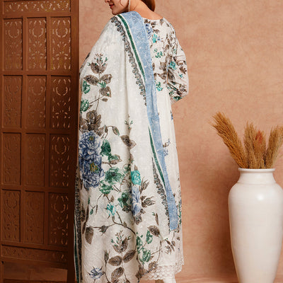 Floral Khari Printed & Embroidered Anarkali Kurta with Pant & Dupatta - White