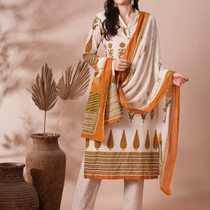 Ethnic Printed Straight Fit Cotton Flax Kurta with Pant and Dupatta - Off White