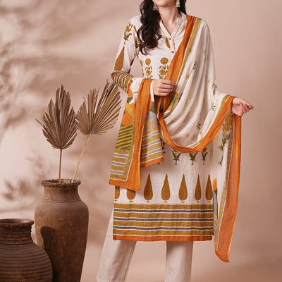 Ethnic Printed Straight Fit Cotton Flax Kurta with Pant and Dupatta - Off White