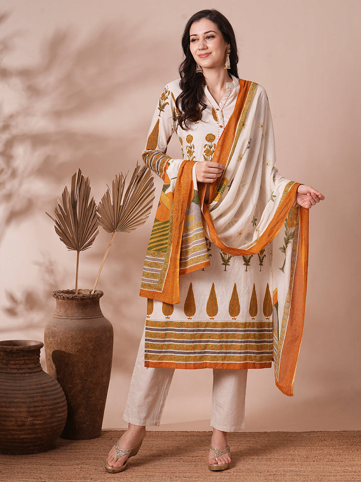 Ethnic Printed Straight Fit Cotton Flax Kurta with Pant and Dupatta - Off White