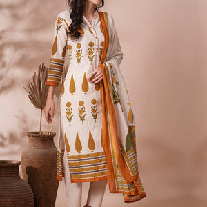 Ethnic Printed Straight Fit Cotton Flax Kurta with Pant and Dupatta - Off White