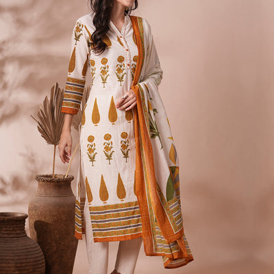 Ethnic Printed Straight Fit Cotton Flax Kurta with Pant and Dupatta - Off White