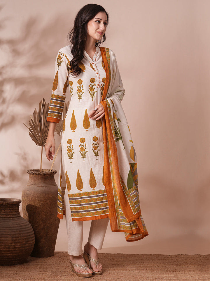 Ethnic Printed Straight Fit Cotton Flax Kurta with Pant and Dupatta - Off White