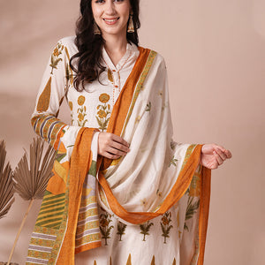 Ethnic Printed Straight Fit Cotton Flax Kurta with Pant and Dupatta - Off White