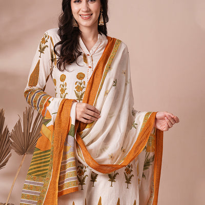 Ethnic Printed Straight Fit Cotton Flax Kurta with Pant and Dupatta - Off White