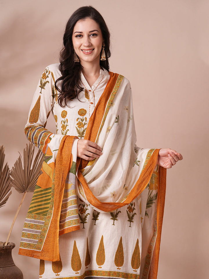 Ethnic Printed Straight Fit Cotton Flax Kurta with Pant and Dupatta - Off White