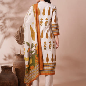 Ethnic Printed Straight Fit Cotton Flax Kurta with Pant and Dupatta - Off White