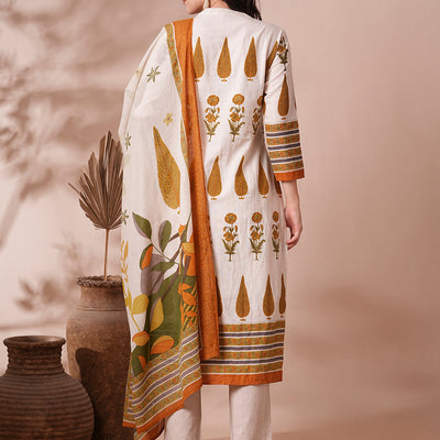 Ethnic Printed Straight Fit Cotton Flax Kurta with Pant and Dupatta - Off White