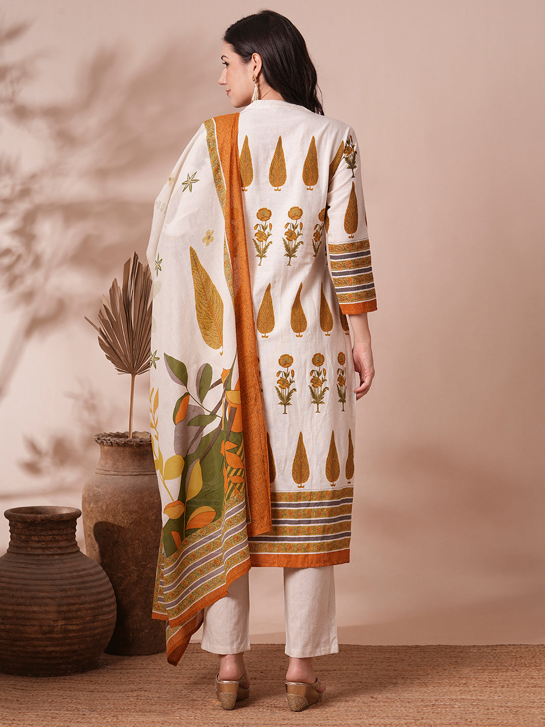 Ethnic Printed Straight Fit Cotton Flax Kurta with Pant and Dupatta - Off White