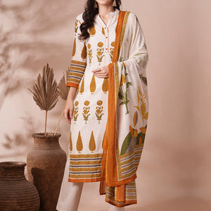Ethnic Printed Straight Fit Cotton Flax Kurta with Pant and Dupatta - Off White