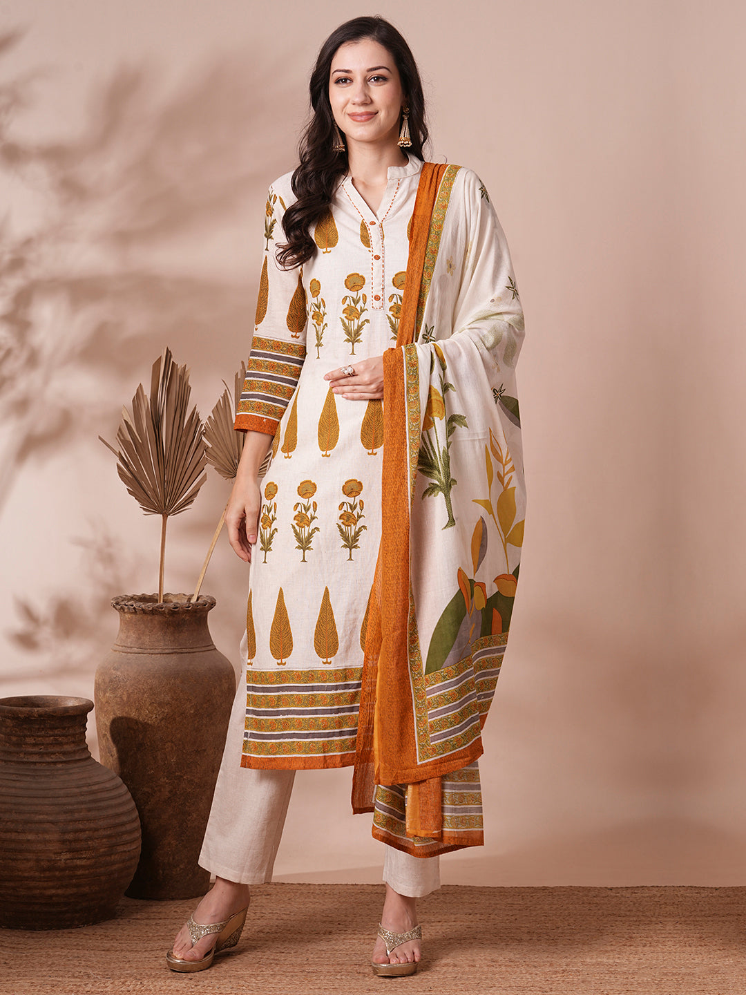 Ethnic Printed Straight Fit Cotton Flax Kurta with Pant and Dupatta - Off White